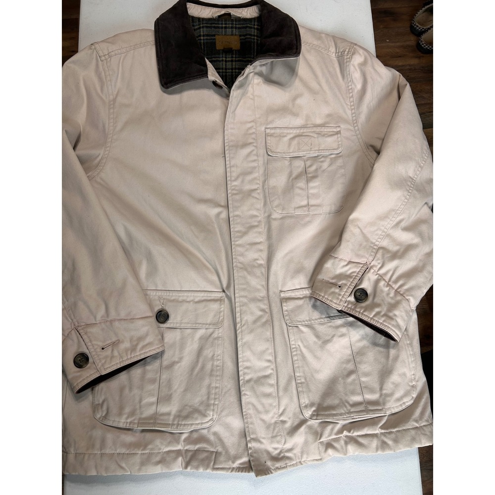 Vintage St. Johns Bay Field Jacket Tan‎ Canvas Corduroy Collar Plaid Lined Large